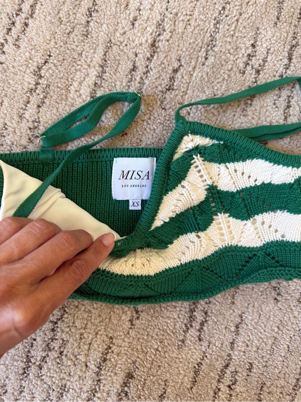 Misa Los Angeles Green and Cream Knit Skirt, Cardigan & Bralette Set - Picture 9 of 14